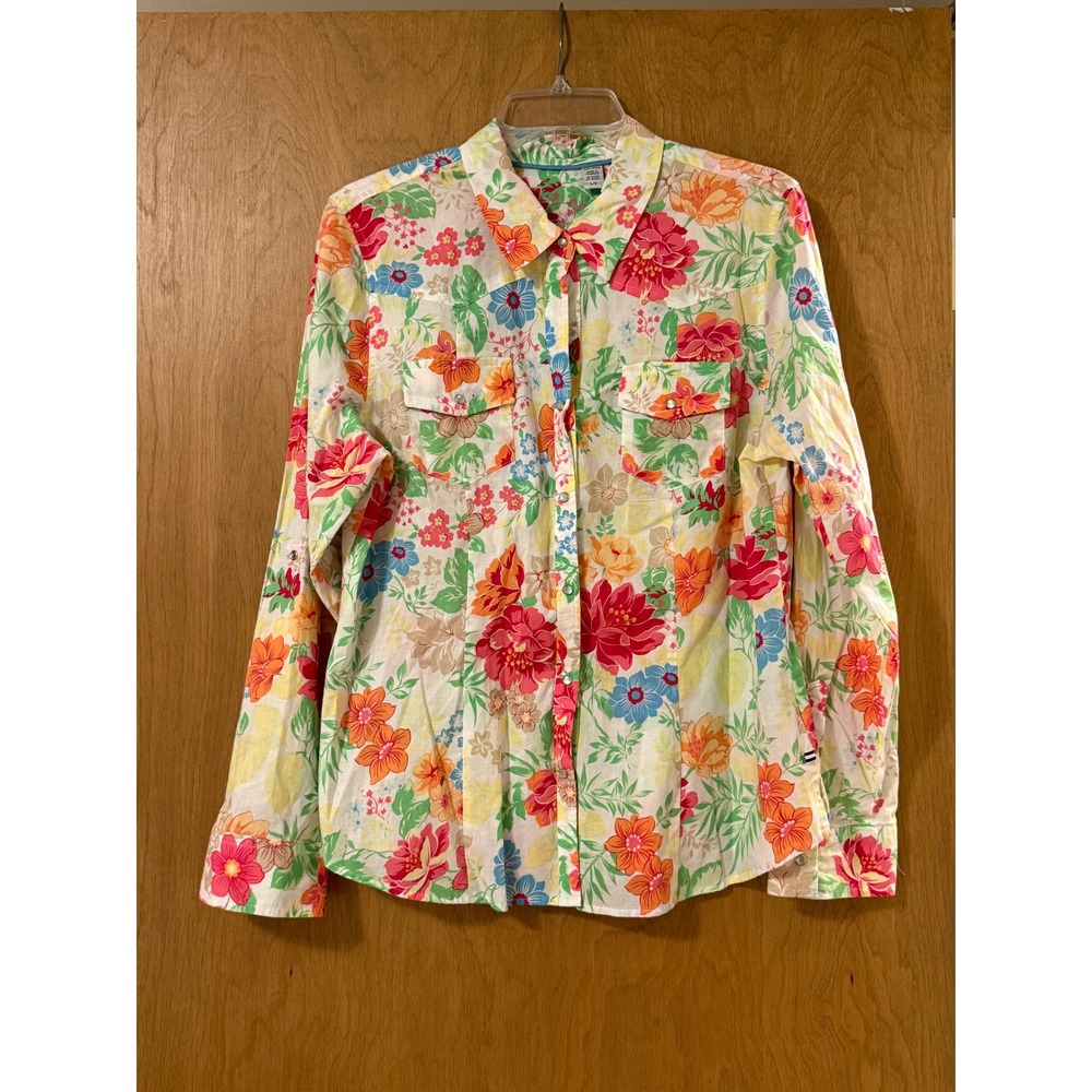 Izod Womens Floral Snap Front Long Sleeve Cotton Shirt Tropical Multi Color LG